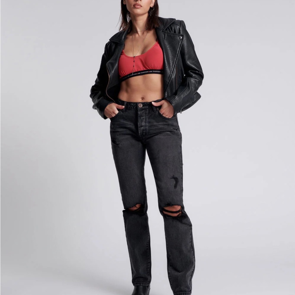 One Teaspoon Black Straight Leg Jeans with Distressed Details